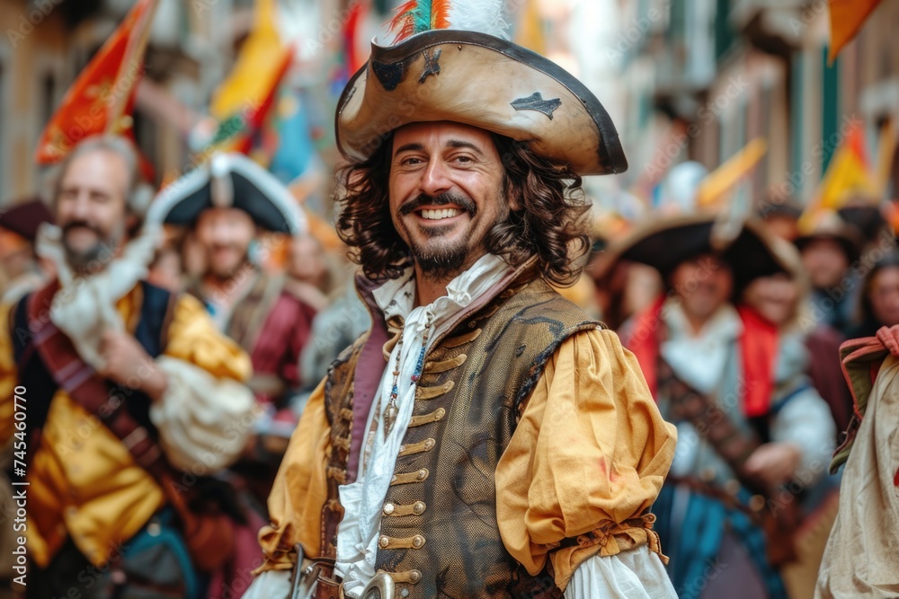 Elegant musketeer in historical attire, portraying bravery and chivalry in an enchanting renaissance setting, a symbol of classic heroism and adventure
