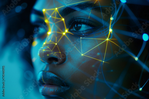 Artificial intelligence facial recognition concept. Generative AI. African american female cyber security analyst.