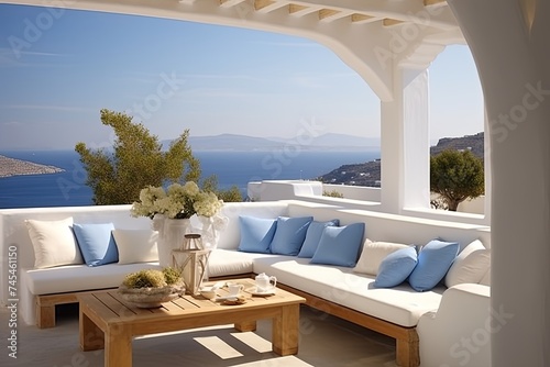 Cozy Grecian Patio Lounge: Blue Cushions, White Sofa, Aegean Breeze Elegance.