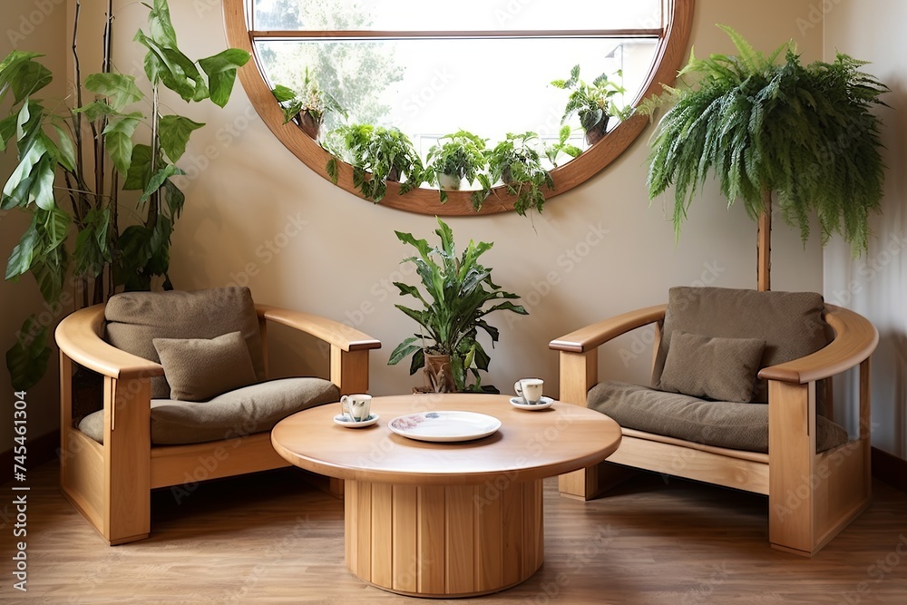 Craftsman Style Serenity: Sleek Round Coffee Table with Comfortable Seating and Verdant Greenery