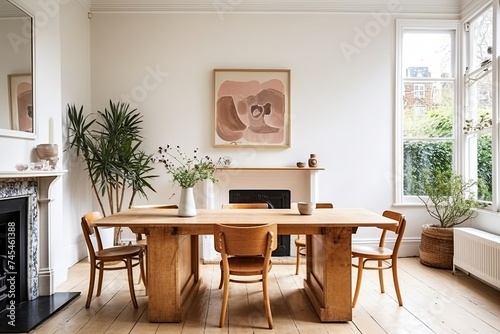 Edwardian Charm in a Bright Space  Art Deco Influenced Slab Table and Wooden Chairs