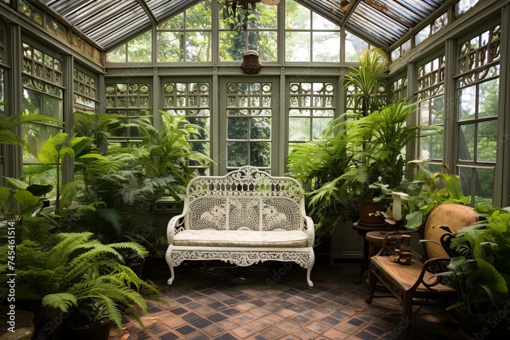 Enchanted Victorian Greenhouse Patio: Tropical Ferns, Vintage Settees, Ornamental Cages