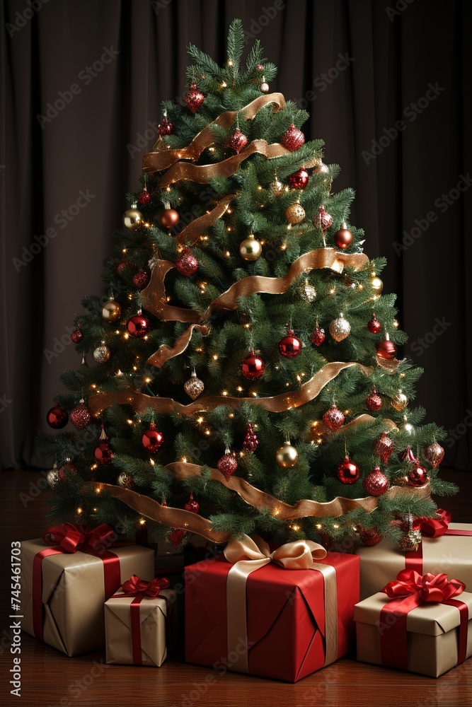A beautifully decorated Christmas tree stands majestic, adorned with shimmering ornaments and twinkling lights, surrounded by a delightful assortment of wrapped presents