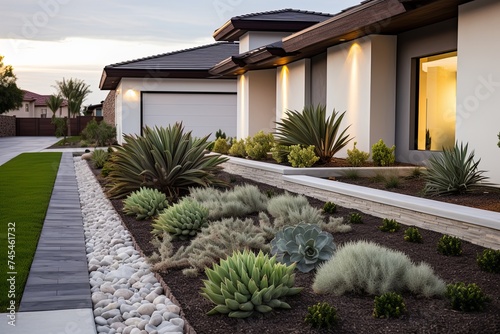 Minimalist Desert Landscape Design: Stunning Succulent Clusters on Elegant Front Lawn