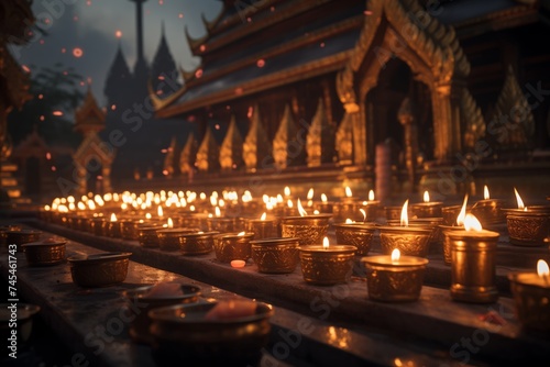 Traditional Candle Lighting Ceremony at Thai Temples, Asian Cultural Ritual and Spiritual Practice