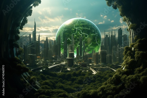 Futuristic City, Technology and Nature Fusion, Cityscape, Modern Buildings, Green Trees Intertwined Together © panumas