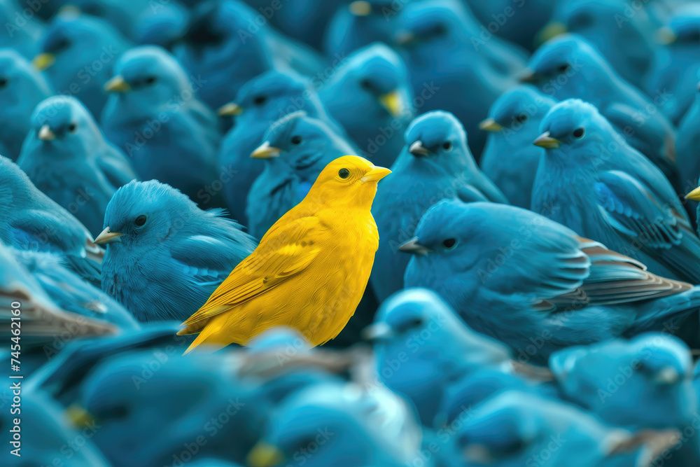 Standing Out from the Flock: A Sole Yellow Bird Among a Sea of Blue Represents Individualism and Uniqueness and the courage to be different in a conformist society.
