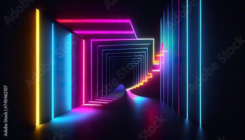 Neon corridor, geometric background. AI generated.