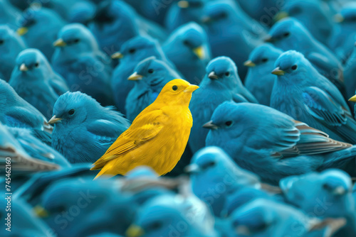 Standing Out from the Flock: A Sole Yellow Bird Among a Sea of Blue Represents Individualism and Uniqueness and the courage to be different in a conformist society. photo