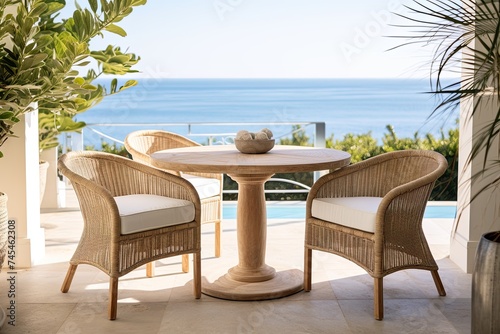 Grecian Coastal Fantasy: Round Stone Patio Table & Rattan Chairs Design © Michael