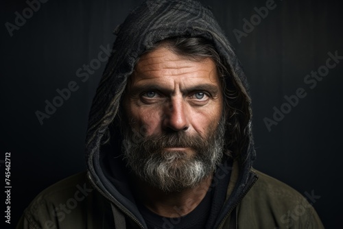 Portrait of a man with a long beard and mustache in a hood on a dark background