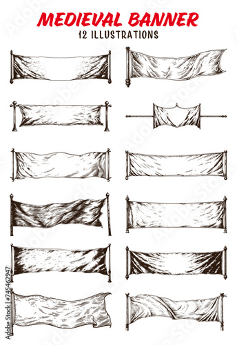 Collection of drawn Medieval banners. Sketch illustration.