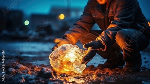 A man examines a glowing large crystal on a forest path at dusk