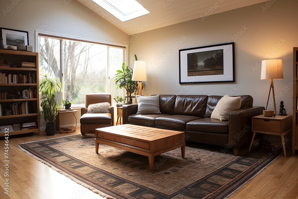 Fototapeta premium Modern Craftsman Spacious Living Room with Nordic Rug and Comfortable Sofa
