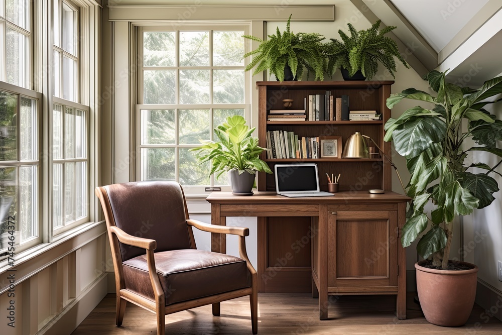 Fototapeta premium Modern Craftsman Study: Wooden Desk, Cozy Armchair, Indoor Plants, Natural Light Haven