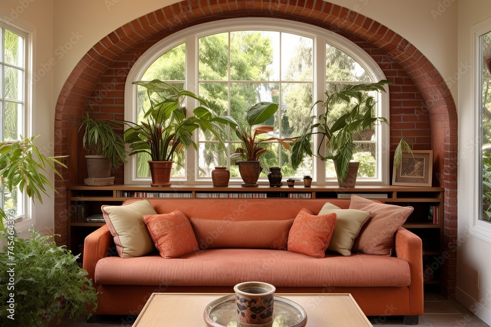 Terracotta Cushions Adorn Modern Craftsman Living Room with Arch Window View