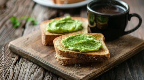 Avocado bread toast sandwich with coffee. Morning breakfast background.
