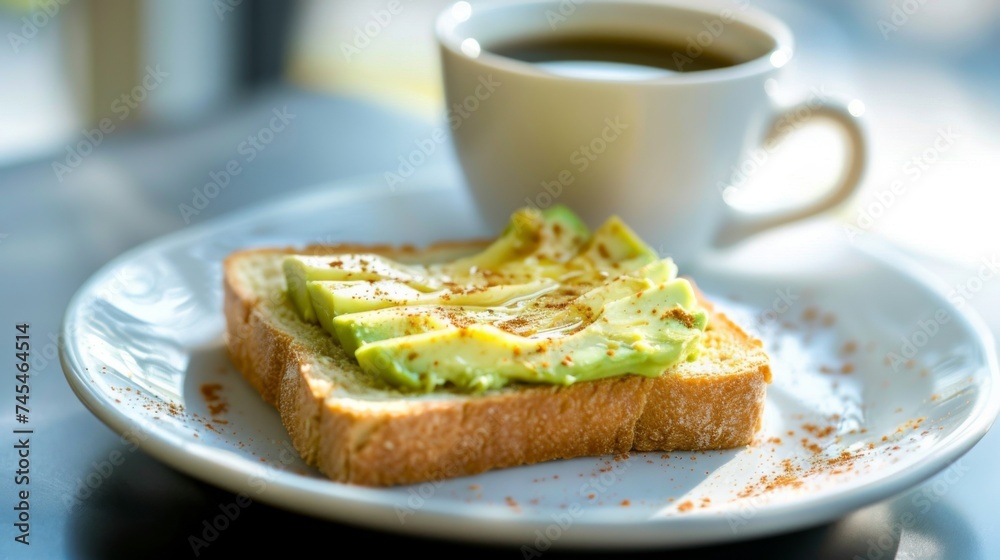 Avocado bread toast sandwich with coffee. Morning breakfast background.