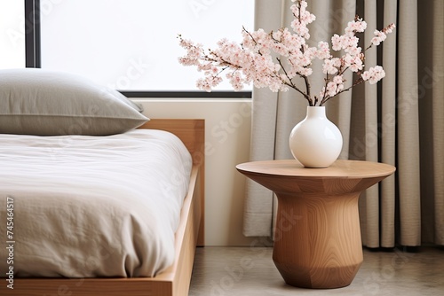 Modern Japanese-Inspired Bedroom: Wooden Coffee Table and Chic Cherry Blossom Vase