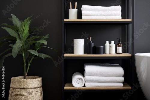 Modern Monochrome Bathroom Decor: Black Shelving Unit and White Towels Showcase