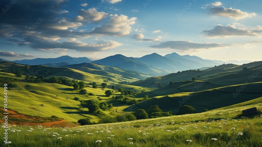 A beautiful grassy valley stretches out with majestic mountains in the distance under a clear blue sky