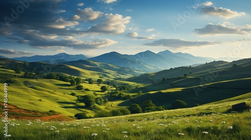 A beautiful grassy valley stretches out with majestic mountains in the distance under a clear blue sky