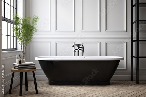 White Bathtub Elegance  Monochrome Bathroom with Contrasting Black Fixtures