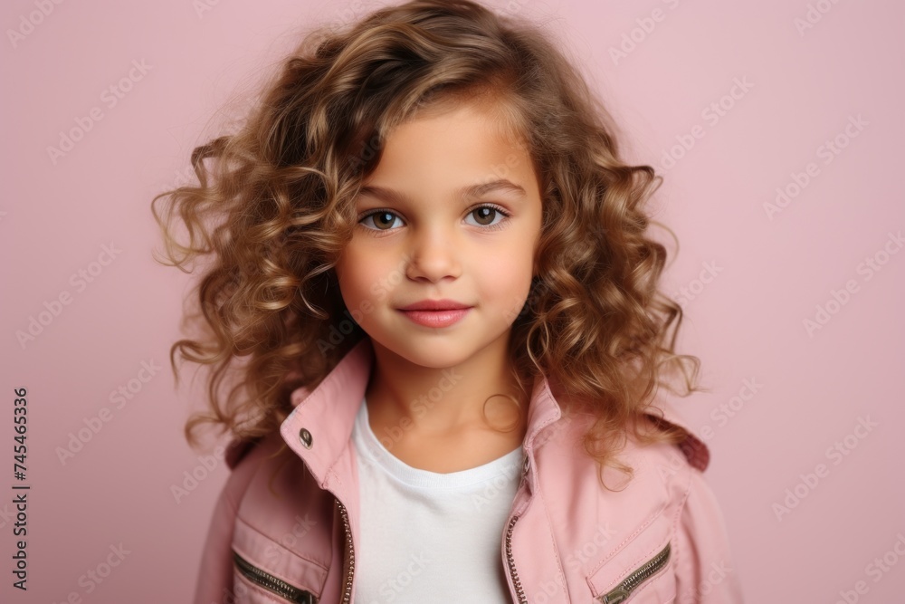 Portrait of a cute little girl with curly hair in a pink jacket. Portrait of a cute little girl with curly hair in a pink jacket.