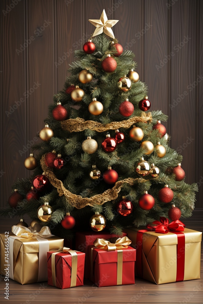 A beautifully decorated Christmas tree with colorful ornaments and twinkling lights, surrounded by a pile of wrapped presents in various sizes and colors