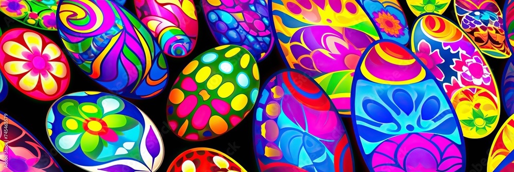 A vibrant group of brightly colored easter eggs are arranged neatly next to each other, creating a stunning display of color and contrast A vibrant group of brightly colored easter eggs are arranged neatly next to each other, creating a stunning display of color and contrast
