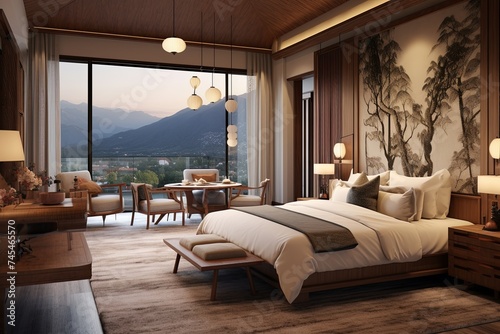 Japanese-Inspired Mountain Retreat: Serene Bedroom, Warm Lighting & Scenic Views © Michael