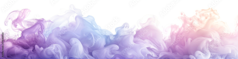 Acrylic color pigment and ink cloud in water. Abstract smoke on white background with copy space. Fancy dream cloud of ink underwater. Purple, blue and pink colors - obrazy, fototapety, plakaty 