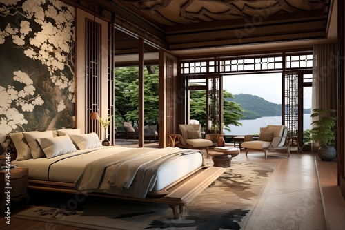 Japanese-Inspired Bedroom in Palatial Setting with Ornate Ceiling and Floor-to-Ceiling Windows