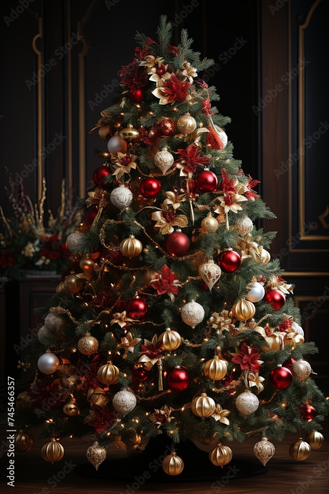 A beautifully decorated Christmas tree adorned with a stunning display of red and gold ornaments, shining brightly in the festive ambiance