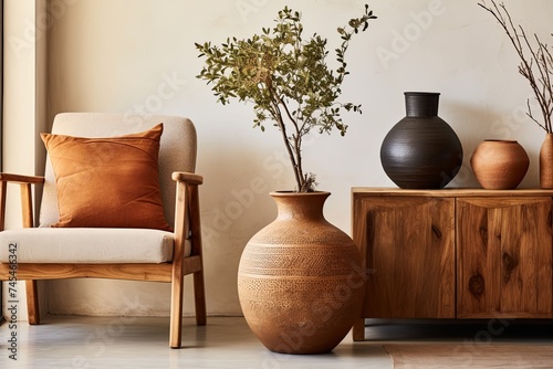 Terracotta Vase Delight: Coastal Twist in a Persian Living Room with Wooden Side Table