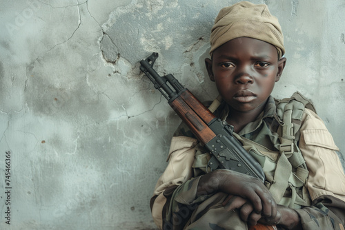 Child soldier of Africa, copy space portrait of an African child with a rifle, portrait of third world hunger gun and poverty