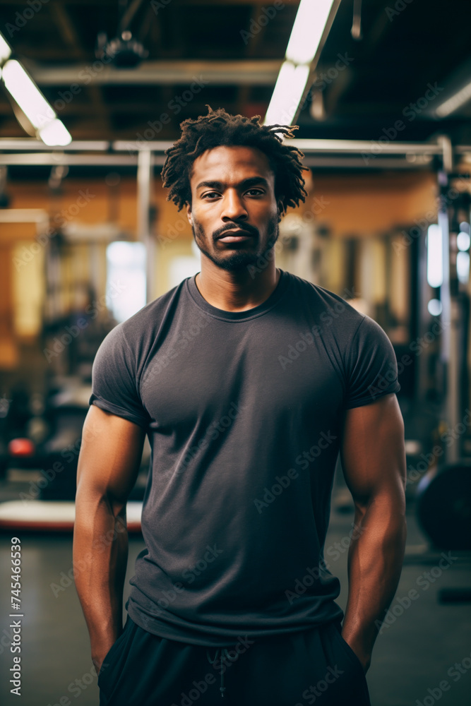 Fototapeta premium Black man with dreadlocks posing in a gym setting