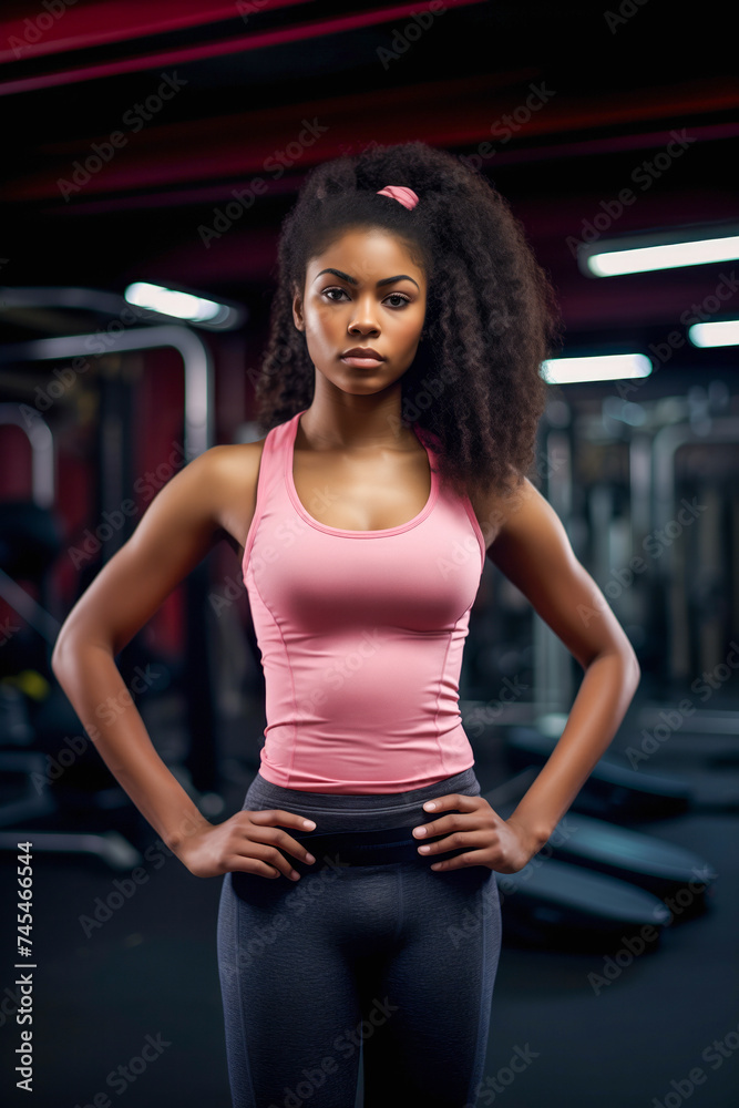 Fototapeta premium Black teenage girl stands confidently with hands on hips in gym