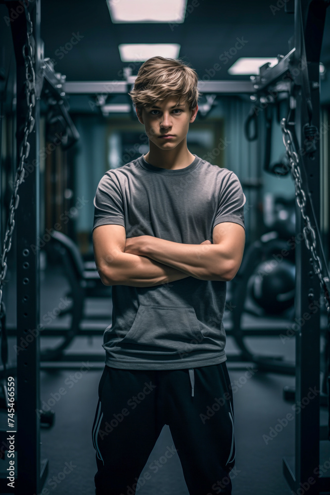 A teenage boy standing confidently with his arms crossed in a gym