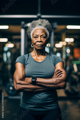 An older African American woman standing confidently with her arms crossed in a gym