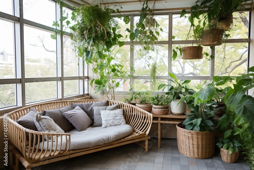 Urban Jungle Balcony: Retreat Center with Cushioned Seating and Twig Decor Details