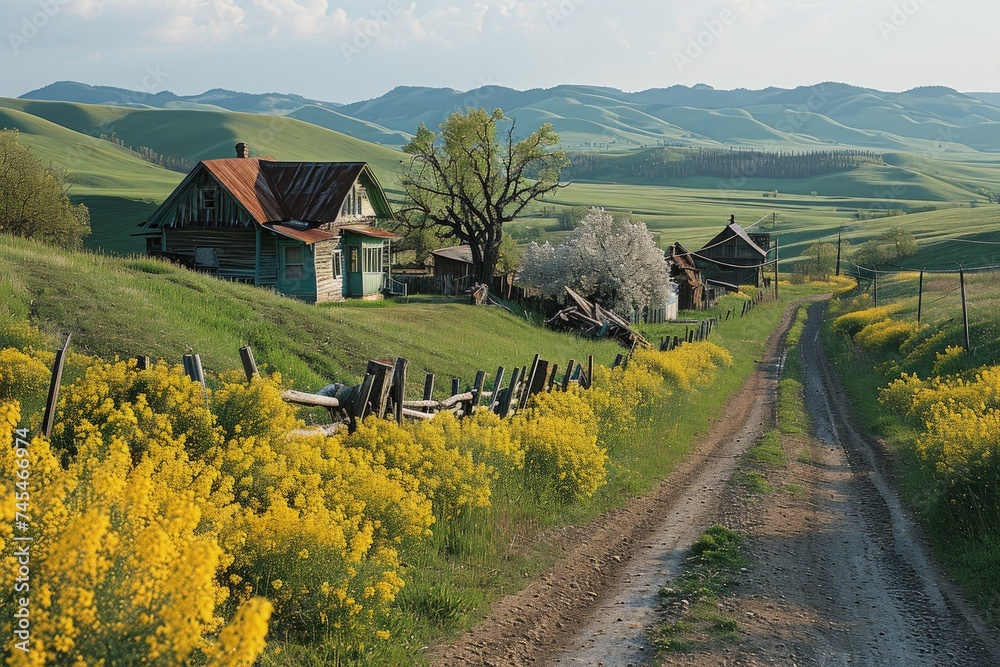 A winding dirt road cuts through a vibrant green field, surrounded by lush grass and wildflowers under a clear blue sky A winding dirt road cuts through a vibrant green field, surrounded by lush grass and wildflowers under a clear blue sky