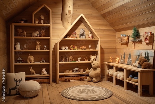 Animal-Themed Rustic Cabin Kids Room Ideas: Enhance with Wooden Shelving Units