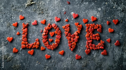 The word love spelled out of colorful candy hearts in a creative and playful arrangement photo