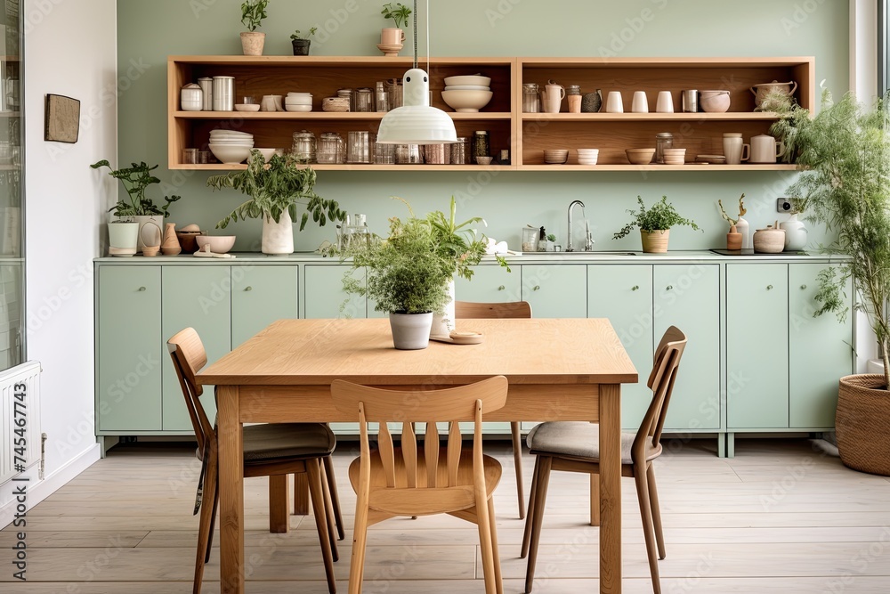 Sustainable Living Eco-Kitchen Ideas: Mint Green Cabinets, Wooden Dining, Scandinavian Touch