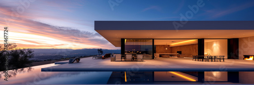 Elegant modern home with infinity pool at dusk, boasting a dramatic sky, open living areas with warm lighting, and a luxurious outdoor lounge, set against a backdrop of distant mountains. © Alena