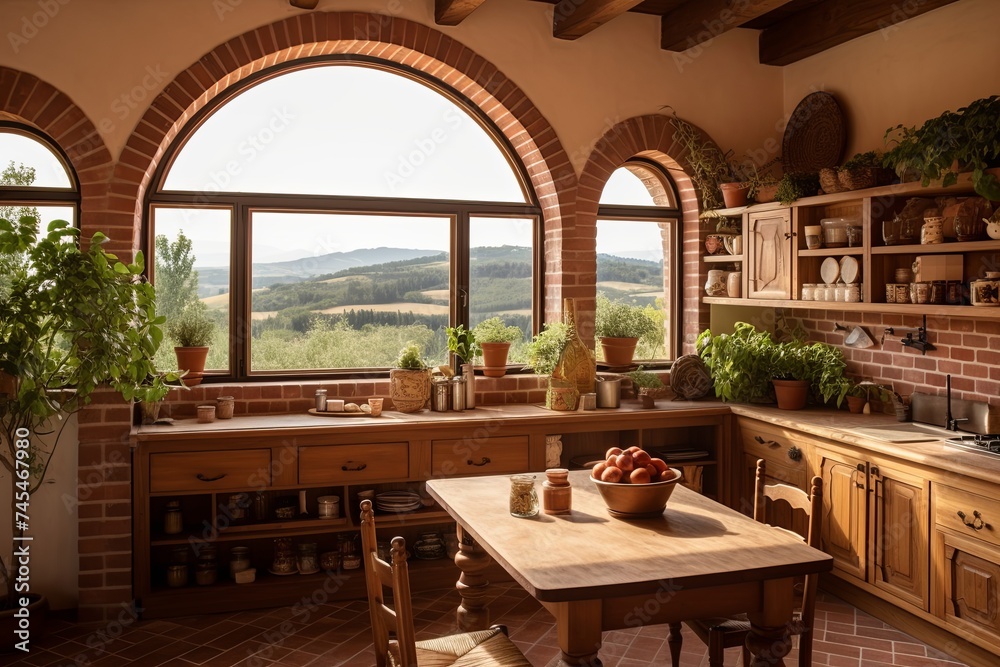 Tuscan Wine Country Kitchen: Terracotta Tiles & Countryside Views