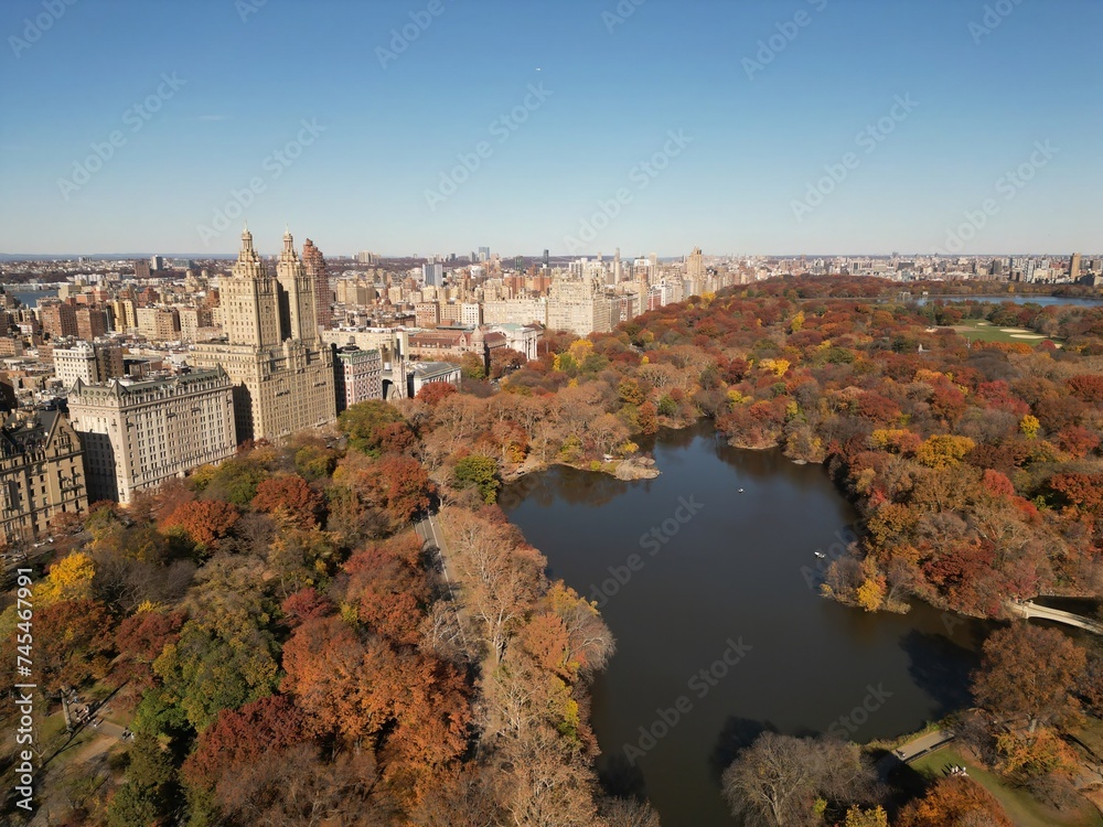 Autumn Fall in New York. Autumnal Central Park view from drone. Aerial of NY City Manhattan Central Park panorama in Autumn. Autumn in Central Park. Autumn NYC. Central Park Fall Colors of foliage.