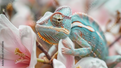 Chameleon on the flower. Beautiful extreme close-up., generative ai