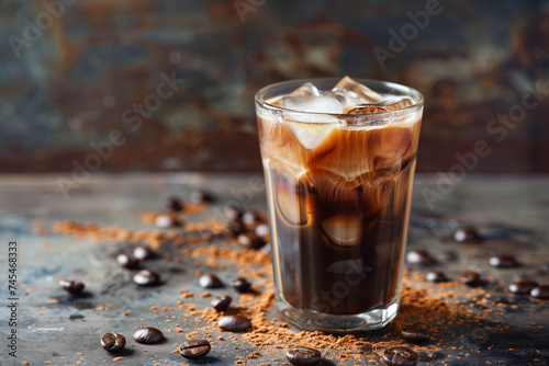 Glass of a iced coffee with cream milk. Cold brew coffee drink with ice. Ice cappuccino photo